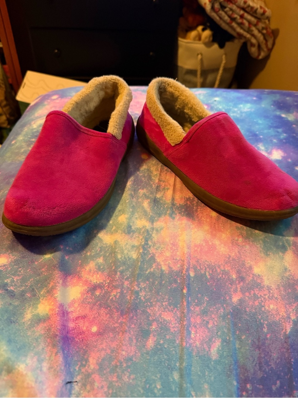 Vionic Fuchsia Slip-On Faux Suede Slippers with Sherpa Lining